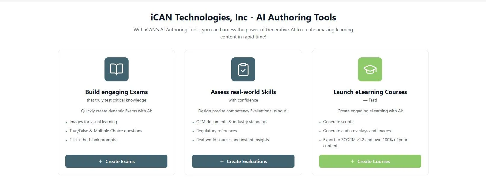 iCAN AI Authoring Tools overview for creating exams, evaluations, and eLearning